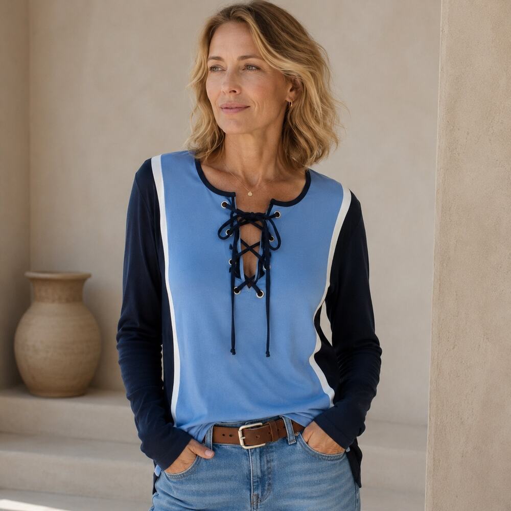 Misook Blue Navy Long Sleve Lace up Top Large